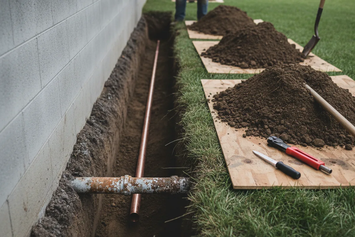 Excavated water line trench during Water Softener Installation in Smithtown